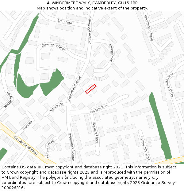 4, WINDERMERE WALK, CAMBERLEY, GU15 1RP: Location map and indicative extent of plot