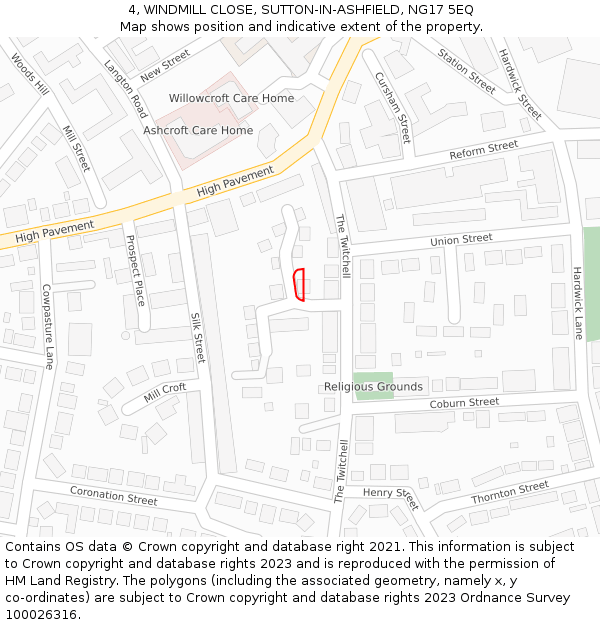 4, WINDMILL CLOSE, SUTTON-IN-ASHFIELD, NG17 5EQ: Location map and indicative extent of plot