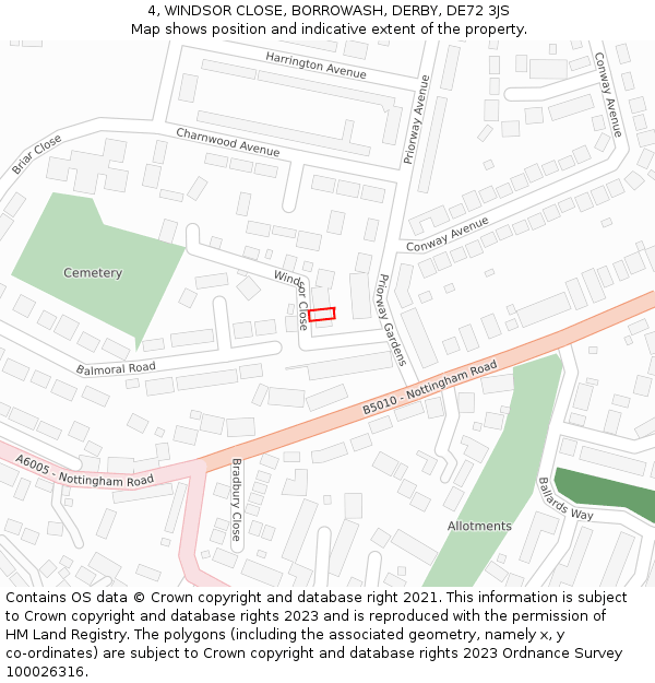 4, WINDSOR CLOSE, BORROWASH, DERBY, DE72 3JS: Location map and indicative extent of plot