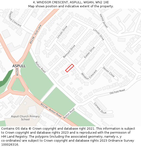 4, WINDSOR CRESCENT, ASPULL, WIGAN, WN2 1XE: Location map and indicative extent of plot