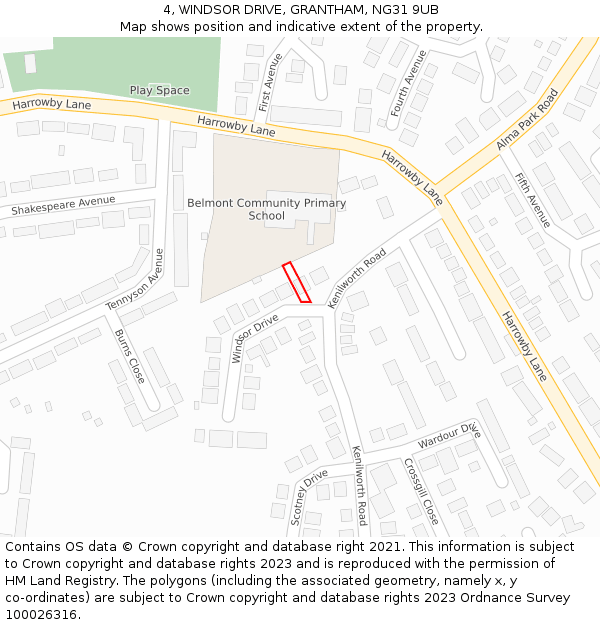 4, WINDSOR DRIVE, GRANTHAM, NG31 9UB: Location map and indicative extent of plot