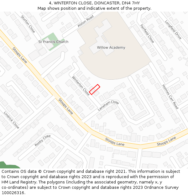 4, WINTERTON CLOSE, DONCASTER, DN4 7HY: Location map and indicative extent of plot