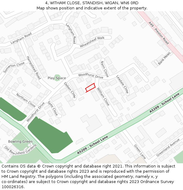 4, WITHAM CLOSE, STANDISH, WIGAN, WN6 0RD: Location map and indicative extent of plot