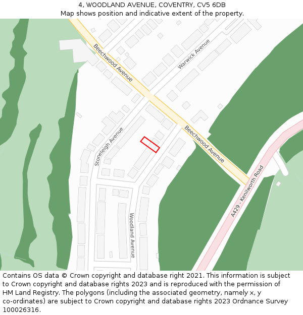 4, WOODLAND AVENUE, COVENTRY, CV5 6DB: Location map and indicative extent of plot