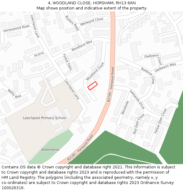 4, WOODLAND CLOSE, HORSHAM, RH13 6AN: Location map and indicative extent of plot