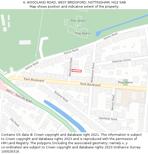 4, WOODLAND ROAD, WEST BRIDGFORD, NOTTINGHAM, NG2 5AB: Location map and indicative extent of plot