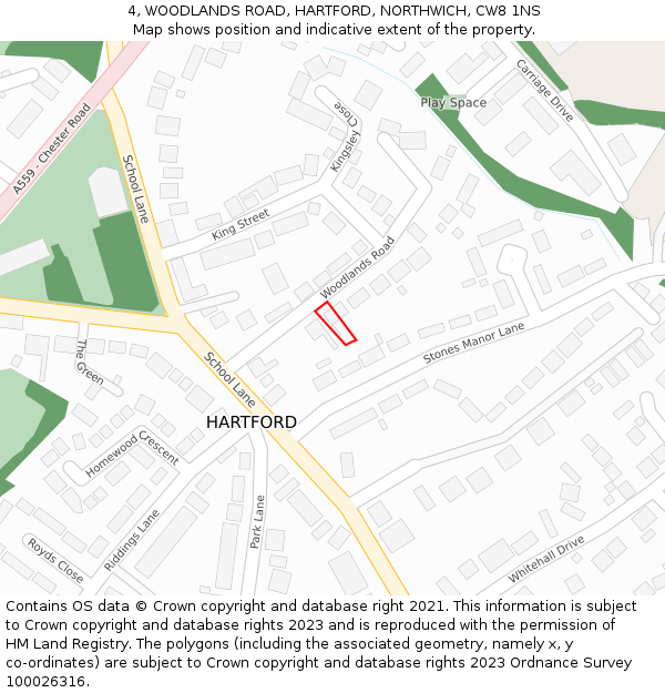 4, WOODLANDS ROAD, HARTFORD, NORTHWICH, CW8 1NS: Location map and indicative extent of plot