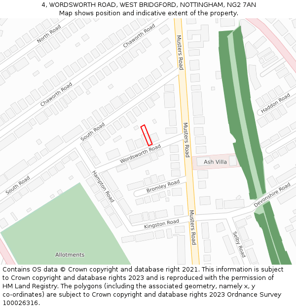 4, WORDSWORTH ROAD, WEST BRIDGFORD, NOTTINGHAM, NG2 7AN: Location map and indicative extent of plot