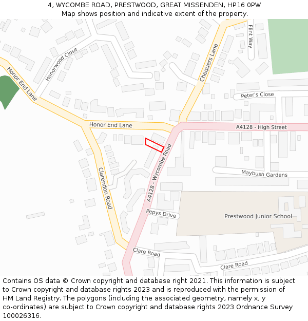 4, WYCOMBE ROAD, PRESTWOOD, GREAT MISSENDEN, HP16 0PW: Location map and indicative extent of plot