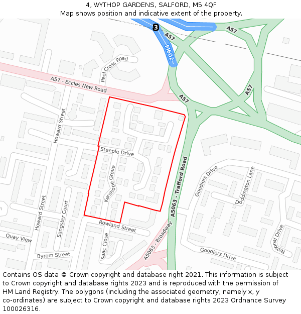 4, WYTHOP GARDENS, SALFORD, M5 4QF: Location map and indicative extent of plot