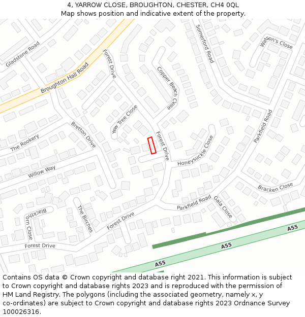 4, YARROW CLOSE, BROUGHTON, CHESTER, CH4 0QL: Location map and indicative extent of plot