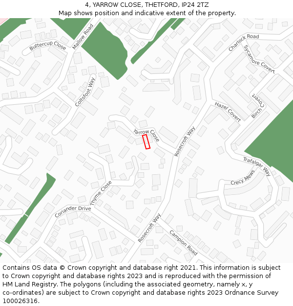 4, YARROW CLOSE, THETFORD, IP24 2TZ: Location map and indicative extent of plot