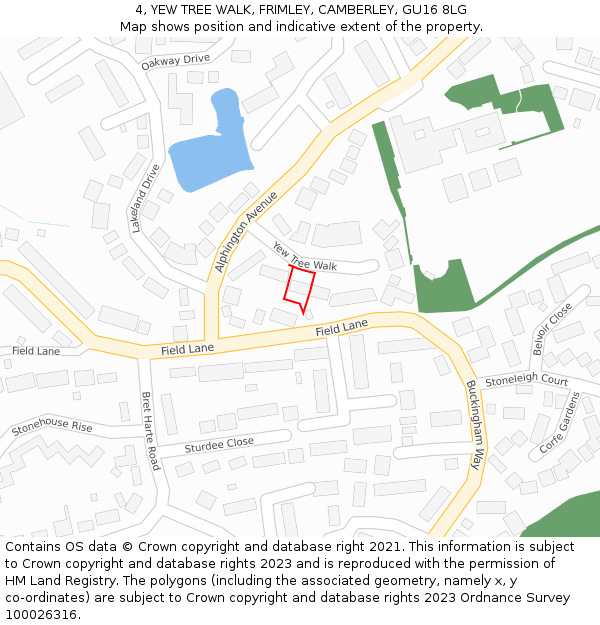 4, YEW TREE WALK, FRIMLEY, CAMBERLEY, GU16 8LG: Location map and indicative extent of plot