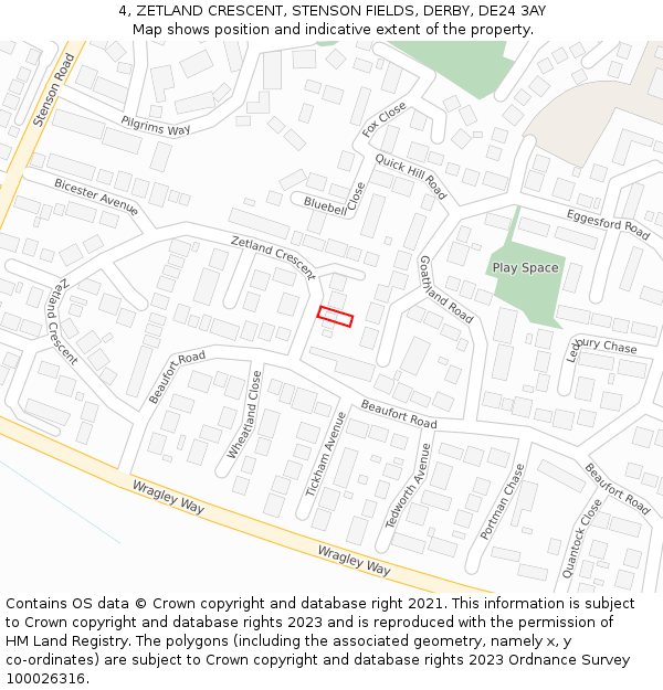 4, ZETLAND CRESCENT, STENSON FIELDS, DERBY, DE24 3AY: Location map and indicative extent of plot