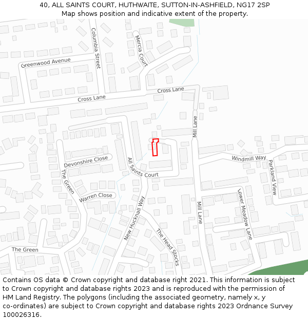 40, ALL SAINTS COURT, HUTHWAITE, SUTTON-IN-ASHFIELD, NG17 2SP: Location map and indicative extent of plot