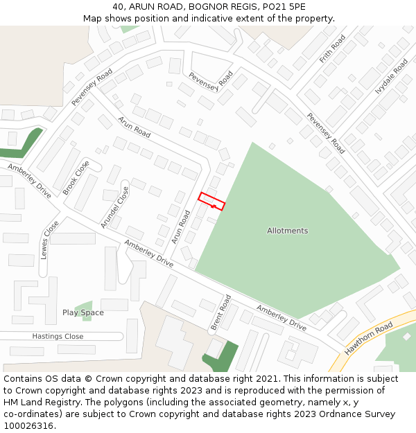 40, ARUN ROAD, BOGNOR REGIS, PO21 5PE: Location map and indicative extent of plot