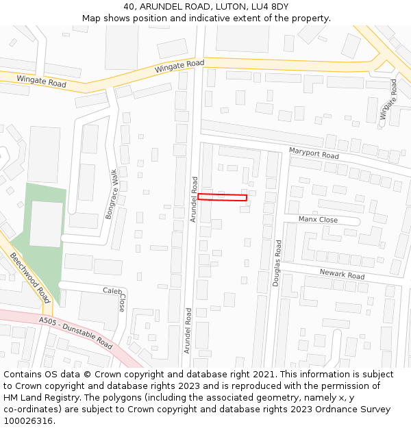 40, ARUNDEL ROAD, LUTON, LU4 8DY: Location map and indicative extent of plot