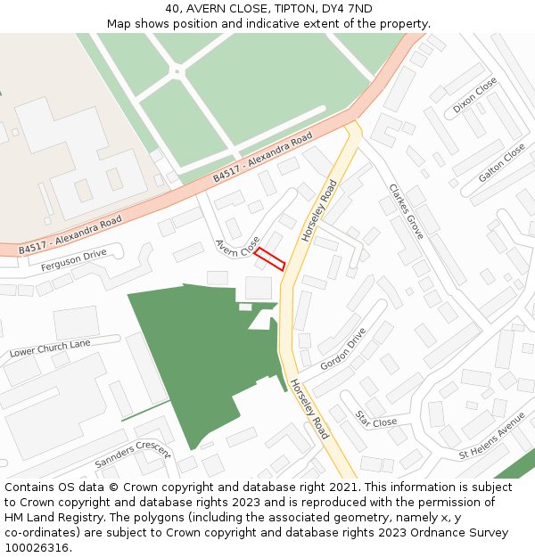 40, AVERN CLOSE, TIPTON, DY4 7ND: Location map and indicative extent of plot