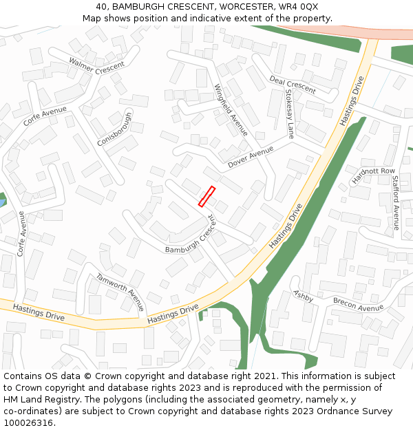 40, BAMBURGH CRESCENT, WORCESTER, WR4 0QX: Location map and indicative extent of plot