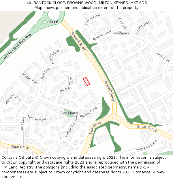 40, BANTOCK CLOSE, BROWNS WOOD, MILTON KEYNES, MK7 8DS: Location map and indicative extent of plot