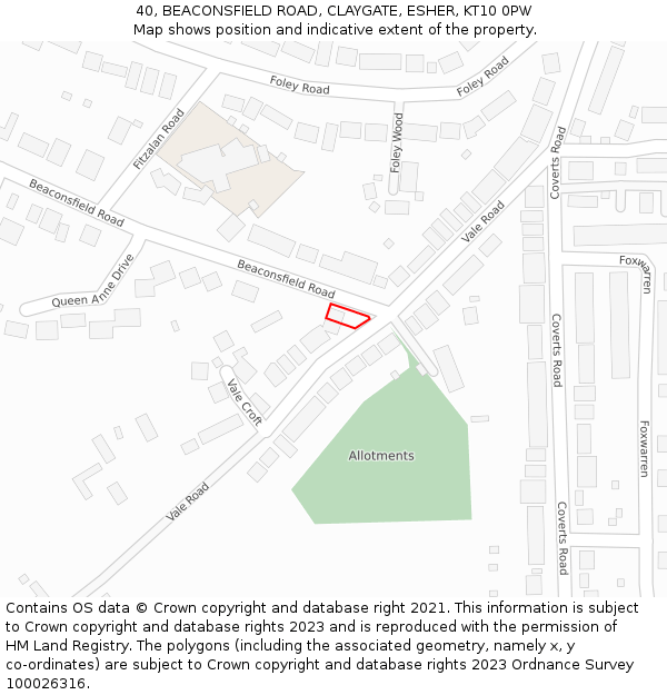 40, BEACONSFIELD ROAD, CLAYGATE, ESHER, KT10 0PW: Location map and indicative extent of plot