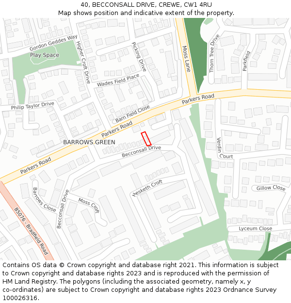 40, BECCONSALL DRIVE, CREWE, CW1 4RU: Location map and indicative extent of plot