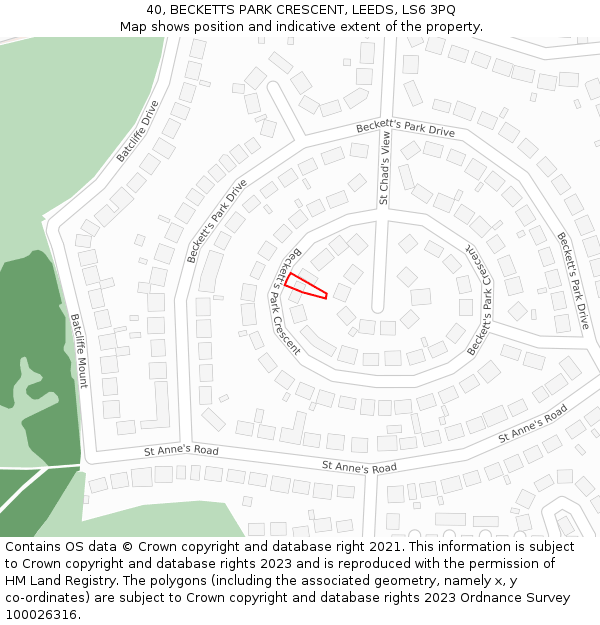 40, BECKETTS PARK CRESCENT, LEEDS, LS6 3PQ: Location map and indicative extent of plot