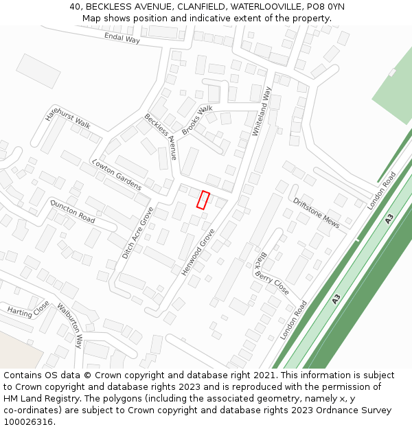 40, BECKLESS AVENUE, CLANFIELD, WATERLOOVILLE, PO8 0YN: Location map and indicative extent of plot