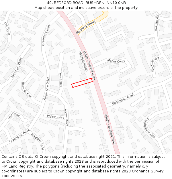 40, BEDFORD ROAD, RUSHDEN, NN10 0NB: Location map and indicative extent of plot