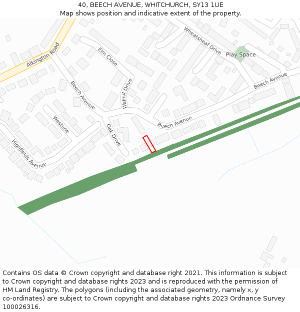 40, BEECH AVENUE, WHITCHURCH, SY13 1UE: Location map and indicative extent of plot