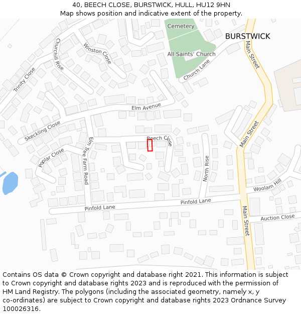 40, BEECH CLOSE, BURSTWICK, HULL, HU12 9HN: Location map and indicative extent of plot