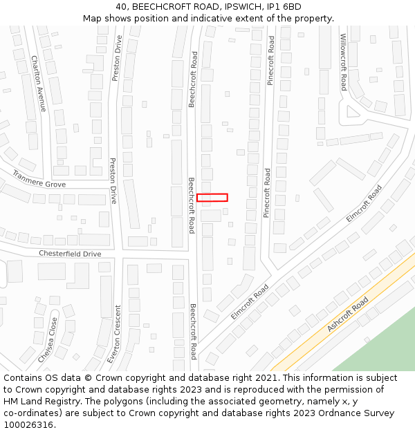 40, BEECHCROFT ROAD, IPSWICH, IP1 6BD: Location map and indicative extent of plot