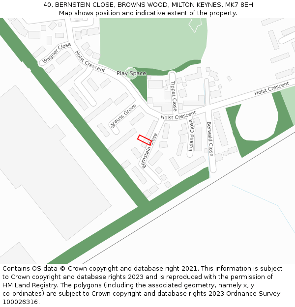 40, BERNSTEIN CLOSE, BROWNS WOOD, MILTON KEYNES, MK7 8EH: Location map and indicative extent of plot