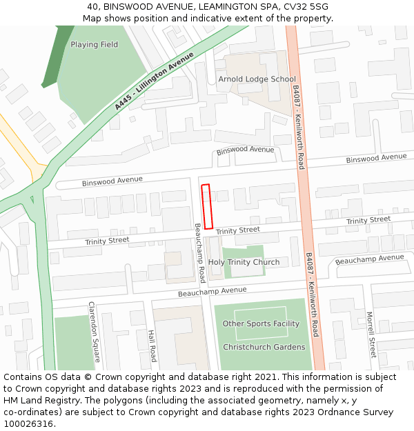 40, BINSWOOD AVENUE, LEAMINGTON SPA, CV32 5SG: Location map and indicative extent of plot