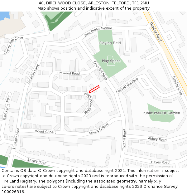 40, BIRCHWOOD CLOSE, ARLESTON, TELFORD, TF1 2NU: Location map and indicative extent of plot