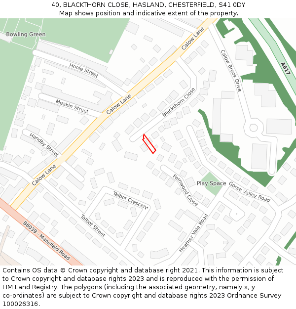 40, BLACKTHORN CLOSE, HASLAND, CHESTERFIELD, S41 0DY: Location map and indicative extent of plot