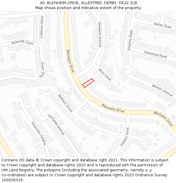 40, BLENHEIM DRIVE, ALLESTREE, DERBY, DE22 2LB: Location map and indicative extent of plot