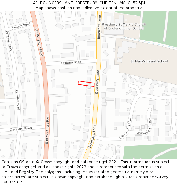 40, BOUNCERS LANE, PRESTBURY, CHELTENHAM, GL52 5JN: Location map and indicative extent of plot