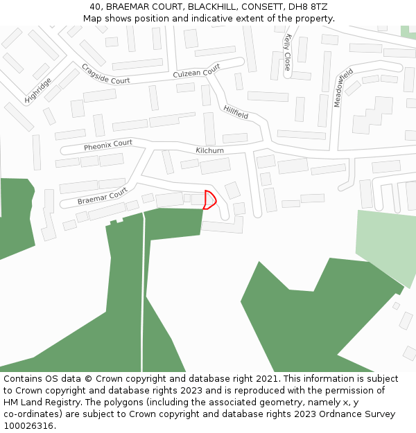 40, BRAEMAR COURT, BLACKHILL, CONSETT, DH8 8TZ: Location map and indicative extent of plot