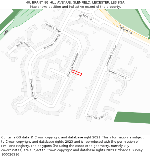 40, BRANTING HILL AVENUE, GLENFIELD, LEICESTER, LE3 8GA: Location map and indicative extent of plot