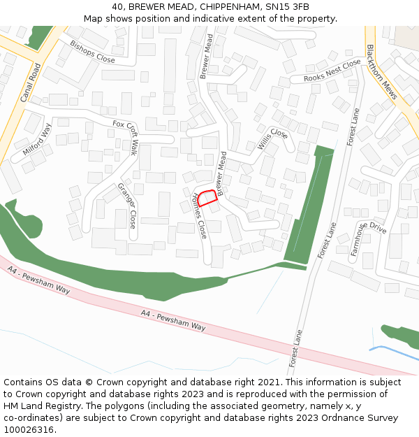 40, BREWER MEAD, CHIPPENHAM, SN15 3FB: Location map and indicative extent of plot