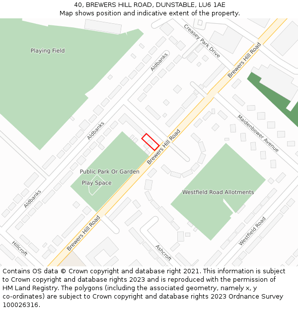 40, BREWERS HILL ROAD, DUNSTABLE, LU6 1AE: Location map and indicative extent of plot