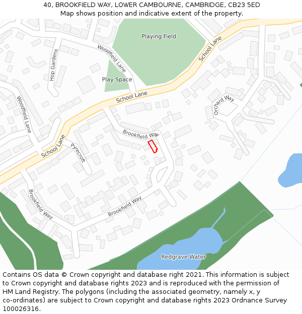 40, BROOKFIELD WAY, LOWER CAMBOURNE, CAMBRIDGE, CB23 5ED: Location map and indicative extent of plot