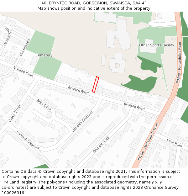 40, BRYNTEG ROAD, GORSEINON, SWANSEA, SA4 4FJ: Location map and indicative extent of plot