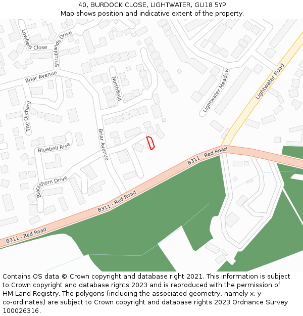 40, BURDOCK CLOSE, LIGHTWATER, GU18 5YP: Location map and indicative extent of plot