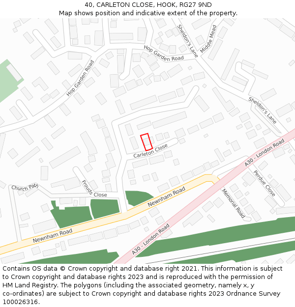 40, CARLETON CLOSE, HOOK, RG27 9ND: Location map and indicative extent of plot