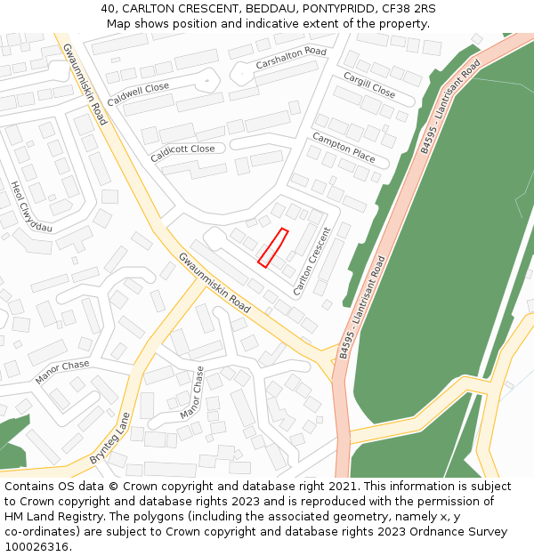40, CARLTON CRESCENT, BEDDAU, PONTYPRIDD, CF38 2RS: Location map and indicative extent of plot