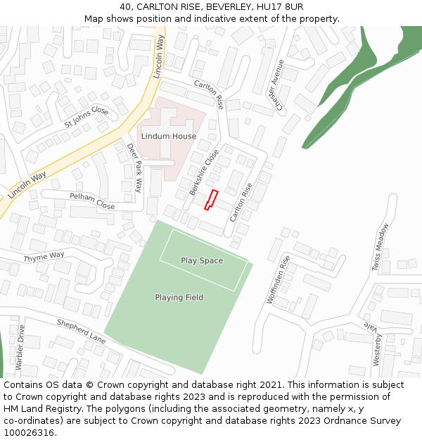 40, CARLTON RISE, BEVERLEY, HU17 8UR: Location map and indicative extent of plot