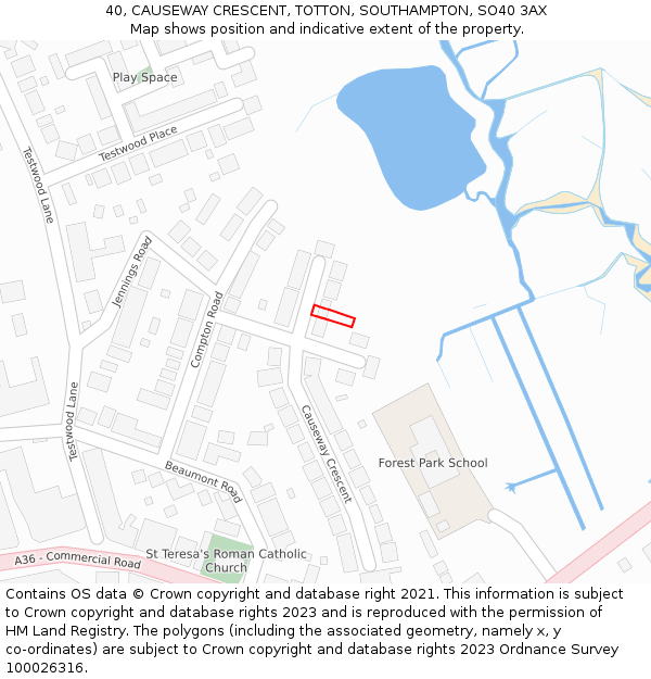 40, CAUSEWAY CRESCENT, TOTTON, SOUTHAMPTON, SO40 3AX: Location map and indicative extent of plot