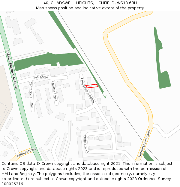 40, CHADSWELL HEIGHTS, LICHFIELD, WS13 6BH: Location map and indicative extent of plot